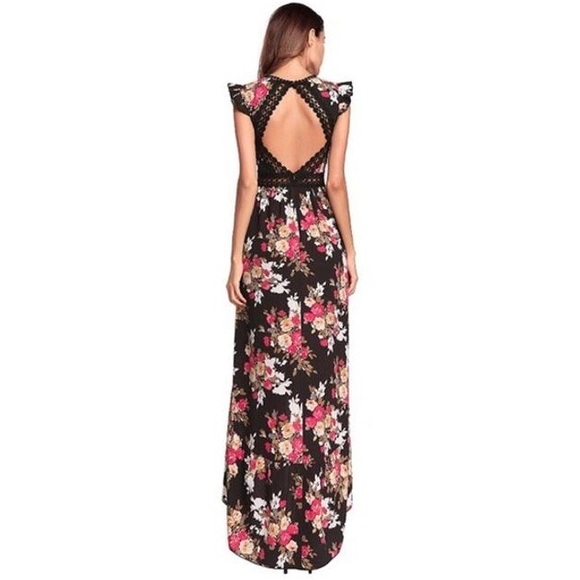 Black Floral Boho High Low Dress With Open Back - Picture 4 of 6